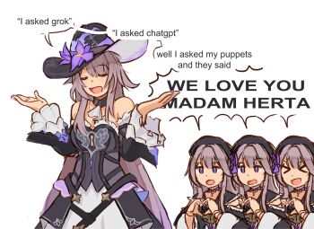 Rule 34 | 4girls, :d, bare shoulders, black choker, black dress, black hat, chatgpt, choker, closed eyes, detached sleeves, dress, frilled sleeves, frills, grey hair, grok (xai), hat, herta (honkai: star rail), herta (puppet) (honkai: star rail), highres, honkai: star rail, honkai (series), long hair, long sleeves, multiple girls, multiple persona, nonnormalguy, open mouth, purple eyes, shrugging, smile, strapless, strapless dress, the herta (honkai: star rail), very long hair, white background