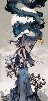 Rule 34 | 1girl, ankle boots, arknights, bird, black gloves, black shorts, blue eyes, blue hair, boots, braid, breasts, coat, dragon, dragon girl, dragon horns, dragon tail, earrings, eastern dragon, floating hair, full body, gloves, gourd, hashtag-only commentary, highres, holding, holding staff, horns, jewelry, lantern, long hair, long sleeves, looking at viewer, moon, mountain, open clothes, open coat, pointy ears, shirt, short shorts, shorts, sky, solo, staff, standing, sun, tail, thigh strap, tree, very long hair, white boots, white coat, wide sleeves, wuyeshu