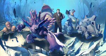 black_suit brown_hair cave claws destruction drill dugtrio epic formal_clothes frown gen_1_pokemon giovanni_(pokemon) hand_on_own_hip highres horns jako_(boke_poke) nidoking nidoqueen nintendo pokemon pokemon_(creature) pokemon_frlg pokemon_team rhydon rhyhorn rock rubble sharp_teeth single_horn smirk spikes stone stone_floor suit tail team_rocket teeth