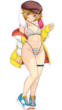 Rule 34 | 1girl, alternate costume, animal ears, arm behind back, bare shoulders, bikini, blonde hair, blue shoes, breasts, brown hat, closed mouth, commentary request, down jacket, flat cap, floppy ears, full body, hand up, hat, hataraki kuma, highleg, highleg bikini, highres, jacket, looking at viewer, lop rabbit ears, multicolored bikini, navel, no socks, open clothes, open jacket, rabbit ears, rabbit girl, red eyes, ringo (touhou), shoes, short hair, simple background, small breasts, smile, sneakers, solo, standing, stomach, striped bikini, striped clothes, swimsuit, thigh strap, touhou, white background, wide hips, yellow jacket