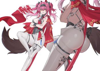 1girl absurdres armor ass back backless_bodysuit bare_shoulders between_buttocks black_bow bodysuit boots bow breastplate breasts collar commentary crossed_arms earrings english_commentary hair_between_eyes hair_bow hairband headgear high_heel_boots high_heels highres jewelry large_breasts leaning looking_at_viewer lupa_(wuthering_waves) metal_collar metal_hairband multiple_hair_bows multiple_views noir_(noir_reveur) red_pupils red_sash sash simple_background smile tacet_mark_(wuthering_waves) tail thigh_boots twintails white_background white_bodysuit white_boots wolf_tail wuthering_waves yellow_eyes