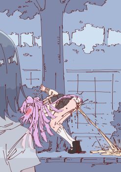 absurdres backpack bag bent_over blue_hair blush blush_visible_through_hair bob_cut bush dark_blue_hair embarrassed flying_sweatdrops highres kneehighs leaning_on_object long_hair mary_janes miniskirt original outdoors panties pee peeing peeing_self pink_hair plaid_clothes plaid_skirt pleated_skirt rita_(rune_(dualhart)) rune_(dualhart) school_uniform shirt shoes short_hair skirt socks sweat thalia_(rune_(dualhart)) tiptoes tree underwear wet wet_clothes wet_panties white_panties white_shirt white_socks