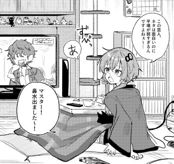 1girl barefoot ben-day_dots black_cat bookshelf calendar_(object) cat cat_tower cellphone charger charging_device commentary controller cup cushion electrical_outlet figure flat_screen_tv from_behind game_controller greyscale hair_ornament hanten_(clothes) indoors kotatsu long_sleeves looking_at_viewer monochrome open_mouth phone remote_control runny_nose screentones shelf short_hair_with_long_locks sitting smartphone snot solo speech_bubble sudou_(s7_d8) table television vocaloid voiceroid wariza wide_sleeves yuzuki_yukari