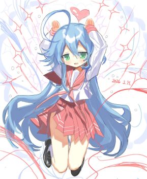 Rule 34 | 1984 (cw1000110), 1girl, :3, ahoge, black shoes, blue hair, blush, commentary, commentary request, dated, full body, green eyes, hair between eyes, heart, highres, izumi konata, loafers, long hair, lucky star, pleated skirt, rabbit pose, red sailor collar, red skirt, sailor collar, school uniform, serafuku, shirt, shirt tucked in, shoes, skirt, socks, sparkle background, white background, white shirt, white socks