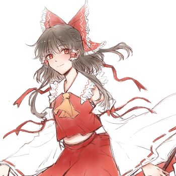 1girl ascot bow brown_hair closed_mouth commentary_request detached_sleeves frilled_bow frilled_hair_tubes frills gohei hair_bow hair_tubes hakurei_reimu hitte5416 holding holding_gohei long_hair looking_at_viewer red_bow red_eyes red_skirt ribbon-trimmed_sleeves ribbon_trim simple_background skirt skirt_set smile solo touhou white_background yellow_ascot