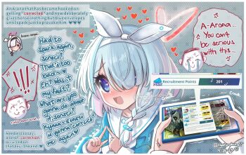 1boy 2girls anger_vein arona_(blue_archive) blue_archive blue_eyes blue_hair blush bow braid choker commentary crying doodle_sensei_(blue_archive) english_commentary english_text gacha_(game_mechanic) game_screenshot_inset hair_bow hair_over_one_eye hairband halo heart heart-shaped_pupils heart_halo highres holding holding_phone index_fingers_together multicolored_hair multiple_girls nyahiro open_mouth phone pink_hair plana_(blue_archive) punishment_sex red_halo sensei_(blue_archive) symbol-shaped_pupils two-tone_hair watermark white_bow white_choker white_hairband