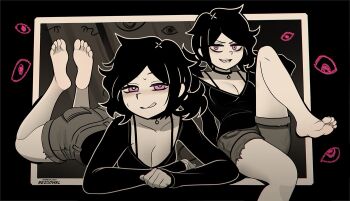 Rule 34 | 1girl, artist name, ashley graves, bare legs, barefoot, black choker, black hair, blue eyes, blush, border, breasts, choker, cleavage, collarbone, commentary, feet, feet up, foot out of frame, in heat, large breasts, legs, licking lips, long sleeves, looking at viewer, lying, multiple views, naughty face, on stomach, open mouth, parted bangs, pink eyes, ponytail, rezodwel, short ponytail, short shorts, shorts, side ponytail, smile, soles, spot color, sweat, untranslatable commentary, the coffin of andy and leyley, the pose, toenails, toes, tongue, tongue out