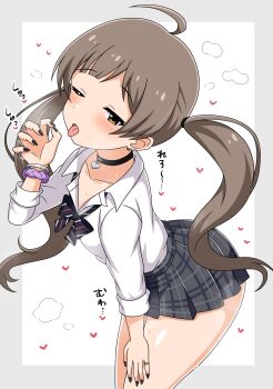 1girl absurdres ahoge black_bow black_bowtie black_choker black_nails blush body_blush border bow bowtie breasts brown_eyes brown_hair choker collarbone collared_shirt concept_gyarus_(idolmaster) cowboy_shot diagonal-striped_bow diagonal-striped_bowtie diagonal-striped_clothes dot_nose ear_piercing earrings fellatio_gesture grey_border grey_skirt hakozaki_serika half-closed_eyes hand_on_own_thigh heart heart_choker highres idolmaster idolmaster_million_live! idolmaster_million_live!_theater_days jewelry leaning_forward long_hair looking_at_viewer loose_bowtie motion_lines official_alternate_costume one_eye_closed open_collar open_mouth outside_border piercing plaid_clothes plaid_skirt pleated_skirt purple_scrunchie ring school_uniform scrunchie shirt sidelocks silver_bangle silver_ring simple_background skirt small_breasts solo sound_effects steam striped_bow striped_bowtie striped_clothes sweat tankuro_uri tongue tongue_out translation_request twintails very_long_hair wavy_hair white_background white_shirt wrist_scrunchie