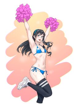 1girl :d alternate_costume arm_up armpits arms_up bare_shoulders bikini black_hair blue_bikini blush breasts cheerleader commentary_request glasses green_eyes hairband highres holding holding_pom_poms kantai_collection long_hair looking_at_viewer multicolored_bikini ooyodo_(kancolle) open_mouth pom_pom_(cheerleading) pom_poms semi-rimless_eyewear simple_background small_breasts smile solo standing standing_on_one_leg star_(symbol) star_print steam steaming_body sweat swimsuit thighhighs two-tone_bikini under-rim_eyewear yuuji_(and)