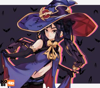 1girl animal_print aqua_eyes artist_logo artist_name bare_shoulders bat_background bat_print black_choker black_gloves black_pantyhose border bow bowtie breasts choker closed_mouth commentary cowboy_shot dress elbow_gloves genshin_impact gloves halloween_costume hat highres kobi420 logo long_hair looking_at_viewer midriff mona_(genshin_impact) navel outline pantyhose pink_outline purple_background purple_dress purple_hair purple_hat purple_shorts shorts sidelocks small_breasts solo twintails very_long_hair white_border witch witch_hat yellow_bow yellow_bowtie yellow_outline