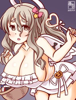 Rule 34 | 1girl, basket, blush, breasts, cleavage, cosplay, cowboy shot, dress, fake halo, fake wings, grey background, grey hair, halloween costume, halo, holding, huge breasts, kanon (kurogane knights), kantai collection, long hair, looking at viewer, maestrale (halloween) (kancolle), maestrale (kancolle), maestrale (kancolle) (cosplay), open mouth, pola (kancolle), ribbon, side-tie dress, smile, wand, white dress, wings