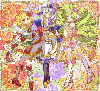 Rule 34 | 3girls, :d, absurdres, arm up, blonde hair, blue boots, boots, border, braid, closed mouth, colored eyelashes, commentary request, crossed legs, crown braid, dress, epaulettes, falulu, falulu (awakened), floral background, floral print, flower, forehead jewel, frilled dress, frills, full body, green eyes, green hair, grey eyes, grey hair, hair between eyes, hair ornament, headphones, high heel boots, high heels, highres, holding, holding sword, holding weapon, idol clothes, jacket, knee boots, long hair, long sleeves, looking at viewer, meremero, midorikaze fuwari, multiple girls, open mouth, ornate border, pants, parted bangs, pretty series, pripara, purple flower, purple rose, rapier, red flower, red rose, red shoes, rose, shikyoin hibiki, shoes, short hair, smile, standing, sword, twintails, very long hair, weapon, white boots, white dress, white jacket, white pants, wing hair ornament