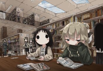 2boys 6+girls ahoge black_hair blonde_hair blush book bookshelf character_request chito_(shoujo_shuumatsu_ryokou) closed_mouth copyright_check crossover egg_(food) food food_on_head fried_egg green_sweater highres indoors kuriyama_mirai kyon kyoukai_no_kanata leoleonardk10 library long_hair long_sleeves multiple_boys multiple_crossover multiple_girls mushroom mushroom_on_head nagato_yuki nichijou object_on_head open_mouth professor_shinonome ribbed_sweater shimeji_simulation shinonome_nano short_hair shoujo_shuumatsu_ryokou suzumiya_haruhi_no_yuuutsu sweater tsukishima_shijima turtleneck turtleneck_sweater yamashita_majime yuuri_(shoujo_shuumatsu_ryokou)