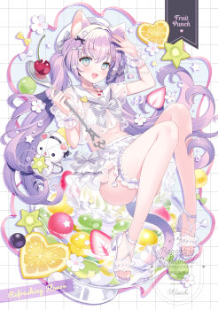 1girl :d absurdres animal_ear_fluff animal_ears arm_up beret bikini bikini_under_clothes blue_background bow cat_ears cat_girl cat_tail cherry commentary dotted_line english_commentary food fruit green_eyes grid_background hat highres holding holding_spoon kiwi_(fruit) kiwi_slice lemon lemon_slice long_hair looking_at_viewer open_mouth original pink_ribbon purple_hair ribbon sailor_collar sandals see-through_clothes see-through_shirt shirt short_sleeves smile solo spoon star_(symbol) strawberry strawberry_slice striped_bow stuffed_animal stuffed_toy swimsuit tail teddy_bear very_long_hair wasabi_(sekai) watermark white_bikini white_hat white_sailor_collar white_sandals
