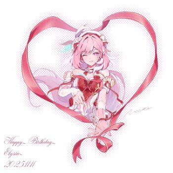 1girl ;) absurdres arrow_(projectile) bare_shoulders beret breasts chinese_commentary commentary_request dated diamond-shaped_pupils diamond_(shape) dress elf elysia_(hi_love_elf)_(honkai_impact) elysia_(honkai_impact) enioreh gloves happy_birthday hat highres holding holding_arrow honkai_(series) honkai_impact_3rd large_breasts long_hair looking_at_viewer multicolored_hair one_eye_closed pink_gloves pink_hair pointy_ears red_dress simple_background single_glove smile solo symbol-shaped_pupils two-tone_dress two-tone_hair very_long_hair white_background white_dress white_hair