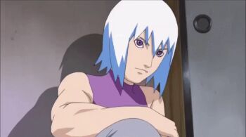 1boy animated animated_gif arm_on_knee bare_shoulders blue_streaks head_tilt hoozuki_suigetsu looking_at_viewer muscular muscular_arms muscular_male naruto_(series) naruto_shippuuden on_floor perfect_loop purple_eyes purple_shirt shadow sharp_teeth shirt sleeveless sleeveless_shirt talking teeth tooth_sticking_out_of_mouth white_hair