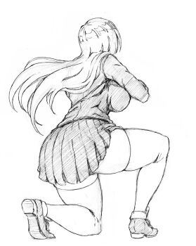 1girl assault_rifle bleach bow bowtie breasts fn_scar fn_scar_16 grey_bow grey_bowtie grey_jacket grey_shoes grey_skirt gun holding holding_gun holding_weapon inoue_orihime jacket kneeling large_breasts long_hair monochrome open_mouth parted_bangs pleated_skirt rakusakugk rifle shirt shoes skirt solo suppressor thick_thighs thighhighs thighs weapon white_shirt white_thighhighs