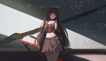 1girl absurdres black_choker black_hair black_serafuku black_shirt black_skirt chalkboard chisa_(wuthering_waves) choker closed_mouth commentary crack_of_light crop_top equation hair_ribbon highres holding holding_sword holding_weapon indoors long_hair looking_at_viewer midriff navel neckerchief pink_eyes red_neckerchief red_ribbon ribbon sailor_collar school_uniform serafuku shirt skell.b skirt solo sword thigh_strap very_long_hair weapon white_sailor_collar wuthering_waves