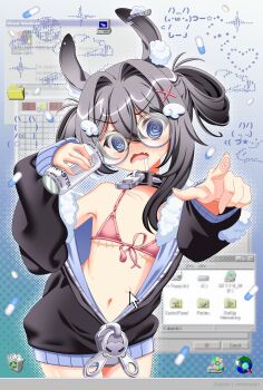 @_@ absurdres angel_wings_hair_ornament animal_ear_fluff animal_ears armpits bikini blush can collar collarbone cursor desktop_(computing) double-parted_bangs drooling fang fingerprint front-tie_bikini_top front-tie_top glasses hair_between_eyes hair_intakes hair_ornament hairclip highres holding holding_can hood hoodie icon_(computing) jacket mastectomy_scar monster_energy navel open_mouth original partially_unzipped pill pointing pulled_by_cursor qlxxln round_eyewear scar scar_on_chest skin_fang sleeves_past_wrists spiked_collar spikes swimsuit two_side_up x_hair_ornament zipper zipper_pull_tab