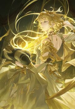 1girl aglaea_(honkai:_star_rail) blonde_hair bow breasts chhiii_o_o detached_sleeves dress flower garmentmaker_(honkai:_star_rail) glowing greco-roman_clothes green_eyes hair_flower hair_ornament hand_on_another&#039;s_waist hashtag-only_commentary highres honkai:_star_rail honkai_(series) jewelry laurel_crown looking_at_another short_hair solo sword weapon white_dress