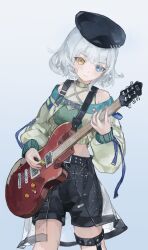 alternate_costume bang_dream! bang_dream!_it&#039;s_mygo!!!!! belt black_shorts blue_eyes chain crop_top dieter22 electric_guitar esp_guitars guitar guitar_strap heterochromia highres holding instrument kaname_raana medium_hair music mygo!!!!!_(bang_dream!) playing_guitar playing_instrument plectrum see-through_clothes shorts simple_background strap white_hair yellow_eyes