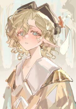 1boy andrew_kreiss andrew_kreiss_(half_elf_knight) androgynous aqua_eyes blonde_hair brown_hat curly_hair earrings eyelashes hair_between_eyes hair_intakes hat hat_feather highres identity_v jewelry light_blush long_pointy_ears looking_at_viewer male_focus nanshizichuanduikuailefengnancanshang official_alternate_costume parted_lips pointy_ears portrait shirt solo tareme yellow_shirt yellow_theme