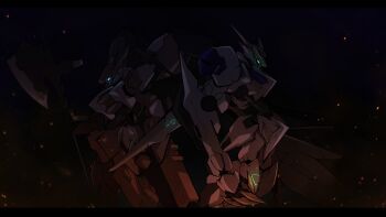 Rule 34 | back-to-back, claws, commentary request, embers, glowing, glowing eyes, gundam, gundam barbatos lupus, gundam tekketsu no orphans, highres, letterboxed, looking back, mecha, mecha focus, mecha request, no humans, ocha2 22, robot