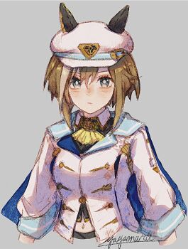 1girl animal_ears blue_eyes blush breasts brown_hair cheval_grand_(grand_itineraire)_(umamusume) cheval_grand_(umamusume) ear_covers ears_through_headwear hair_between_eyes hat hat_belt highres horse_ears horse_girl looking_at_viewer multicolored_hair peaked_cap simple_background single_ear_cover solo streaked_hair umamusume white_background white_hair white_hat yayamarublog