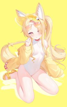 absurdres animal_ear_fluff animal_ears blue_archive breasts clothing_cutout commentary covered_navel diamond_cutout extra_ears fox_ears fox_girl glasses hand_up highres kooriais long_hair looking_at_viewer multicolored_eyes one-piece_swimsuit seia_(blue_archive) seia_(swimsuit)_(blue_archive) sitting small_breasts solo swimsuit symbol-only_commentary