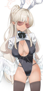 1girl angel_wings animal_ears blue_archive body_chain breasts halo highres large_breasts long_hair nagisa_(blue_archive) nagisa_(swimsuit)_(blue_archive) playboy_bunny plunging_neckline rabbit_ears sam_szero simple_background solo standing sunglasses swimsuit tan white_background wings
