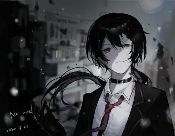 1boy belt_collar black_collar black_gloves black_hair black_jacket chinese_commentary collar colored_skin commentary_request dated gloves hair_between_eyes hand_up jacket male_focus necktie open_clothes open_jacket original red_eyes red_necktie solo upper_body vihua6 white_eyes white_skin