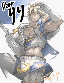 Rule 34 | 1boy, absurdres, blonde hair, blue eyes, commentary, cowboy shot, english commentary, guilty gear, highres, holding, holding staff, male focus, pants, short hair, sin kiske, solo, staff, vest, wawon (wan wawon), white background, white pants, white vest
