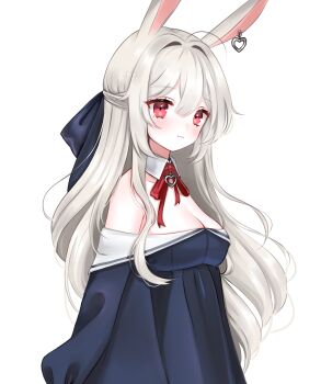 Rule 34 | 1girl, absurdres, ahoge, alternate hair color, animal ears, arm at side, blue dress, blue ribbon, blush, breasts, cleavage, closed mouth, collar, commentary, detached collar, double-parted bangs, dress, earrings, english commentary, from side, hair intakes, hair ribbon, half updo, heart, heart earrings, highres, jewelry, large breasts, loltinami, long hair, looking at viewer, looking to the side, neck ribbon, off-shoulder dress, off shoulder, rabbit ears, rabbit girl, red eyes, red ribbon, ribbon, self-portrait, simple background, single earring, solo, standing, tinami (vtuber), turning head, upper body, vdonburi, virtual youtuber, white background, white collar, white hair, wing collar