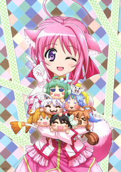 Rule 34 | 10s, 1girl, ;d, absurdres, ahoge, animal ear fluff, animal ears, cinque izumi, dog days, dog girl, eclair martinozzi, gloves, highres, jewelry, kuberu e pastillage, leonmitchelli galette des rois, millhiore f. biscotti, non-web source, nyantype, official art, one eye closed, open mouth, pink eyes, pink hair, pointing, purple eyes, ring, sakata osamu, sharu (dog days), smile, stuffed animal, stuffed toy, tail, takatsuki nanami