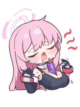 1girl asymmetrical_gloves bare_shoulders between_breasts black_gloves black_sports_bra blue_archive blush breasts bubble_tea_challenge cleavage closed_eyes commentary_request drinking_straw eimi_(battlesuit)_(blue_archive) eimi_(blue_archive) elbow_gloves gloves hair_between_eyes halo hands_up highres hot karupa_(karupapon) large_breasts long_hair midriff official_alternate_costume open_mouth pink_hair pink_halo sidelocks simple_background single_elbow_glove sitting solo sports_bra sweat white_background