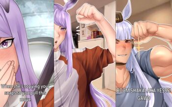 2girls alternate_muscle_size animal_ears biceps blunt_bangs blush breasts brick_wall choker collarbone ear_covers flexing gold_ship_(umamusume) horse_ears horse_girl long_hair mejiro_mcqueen_(umamusume) meme multiple_girls muscular muscular_arms muscular_female one_eye_closed open_mouth photo_background pillbox_hat purple_eyes purple_hair red_eyes seatbelt smile smirk smug sparkle swept_bangs umamusume vennyyyy_draws when_he&#039;s_copying_your_snaps_so_you_pull_this_move_(meme) white_hair yuri