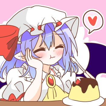 1girl ascot bat_wings blue_hair blush brooch closed_eyes collared_shirt commentary_request eating food frilled_shirt_collar frills hair_between_eyes hat hat_ribbon heart holding holding_spoon jewelry mob_cap pointy_ears pudding puffy_short_sleeves puffy_sleeves red_ribbon remilia_scarlet ribbon shirt short_hair short_sleeves solo speech_bubble spoken_heart spoon touhou wakana1327 wings yellow_ascot