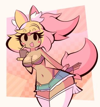 1girl :d animal_ears belt_bra blonde_hair bracket breasts dark-skinned_female dark_skin denim denim_shorts drooling fang highleg highleg_panties highres leaning_forward liru looking_at_viewer medium_breasts medium_hair o-ring o-ring_top open_mouth orange_background panties pointing pointing_at_self renkin_san-kyuu_magical_pokaan shorts smile solid_circle_pupils solo tail thighhighs underwear white_thighhighs wide_hips woah_maaan wolf_ears wolf_girl wolf_tail