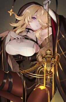 1girl arm_up bare_shoulders belt black_jacket black_skirt black_veil blonde_hair blue_eyes blush breasts brown_pantyhose chaos_zero_nightmare commentary_request gloves gold_trim hair_over_one_eye high-waist_skirt highres jacket large_breasts long_hair long_sleeves looking_at_viewer open_clothes open_jacket orlea_(chaos_zero_nightmare) pantyhose parted_lips shirt sideboob skirt sleeveless sleeveless_shirt solo swept_bangs thigh_belt thigh_strap veil very_long_hair white_gloves white_shirt wide_sleeves yosho_chan