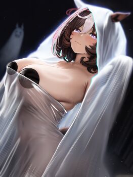 1girl absurdres animal_ears asdkd123 breasts brown_hair closed_mouth cowboy_shot dutch_angle ghost_costume heart heart_in_eye highres horse_ears horse_girl huge_breasts medium_hair meisho_doto_(umamusume) multicolored_hair pasties purple_eyes see-through_clothes solo standing streaked_hair symbol_in_eye umamusume