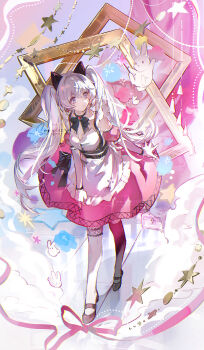 1girl animal apron black_bow black_bowtie black_shoes bow bowtie closed_mouth frilled_apron frills full_body gloves heart heart-shaped_pupils highres long_hair looking_to_the_side original pantyhose pink_skirt purple_eyes rabbit sample_watermark shirt shoes skirt sleeveless sleeveless_shirt solo standing symbol-shaped_pupils twintails watermark white_apron white_gloves white_hair white_pantyhose white_shirt zeriko