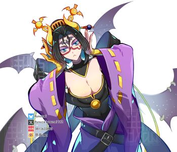 1girl black_hair black_wings breasts cleavage cowboy_shot demon_girl demon_horns demon_wings digimon digimon_(creature) facial_mark forehead_mark hair_bun highres horns large_breasts lilithmon multiple_wings semi-rimless_eyewear simple_background solo under-rim_eyewear white_background wings youzaiyouzai112