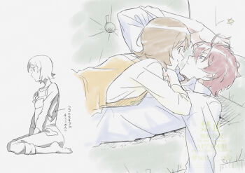 1boy 1girl barefoot blush bob_cut breasts brown_hair couch couple flirting greyscale hands_in_own_hair hands_on_another's_chest hands_on_own_head happinesscharge_precure! highres holding long_sleeves looking_to_the_side lying lying_on_person mature_female medium_hair monochrome on_couch on_stomach oomori_yuuko overalls parted_bangs partially_colored phantom_(happinesscharge_precure!) precure red_hair seiza shirt short_hair sideboob sitting surprised waking_up wasa7subi white_shirt yellow_overalls yellow_shirt