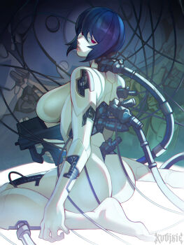 1girl absurdres android ass back barefoot blue_hair bodysuit breasts cable cyberpunk cyborg feet from_behind ghost_in_the_shell gun highres holding holding_gun holding_weapon humanoid_robot kusanagi_motoko large_breasts lips looking_at_viewer looking_back nude pale_skin parted_lips red_eyes robot robot_girl science_fiction short_hair sideboob sitting solo submachine_gun wariza weapon wire xuuikie_ashe