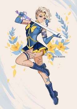 1girl alternate_costume alternate_hairstyle anna_marine artist_name bishoujo_senshi_sailor_moon blonde_hair blue_boots blue_gloves blue_hair blue_skirt boots bow bowtie bracelet chain character_name circlet commentary earrings elbow_gloves english_commentary flower garter_belt gloves gold_chain holding holding_sword holding_weapon jewelry looking_at_viewer magical_girl miniskirt multicolored_hair outer_senshi sailor_senshi sailor_uranus skirt solo sword ten&#039;ou_haruka two-tone_hair weapon yellow_bow yellow_bowtie