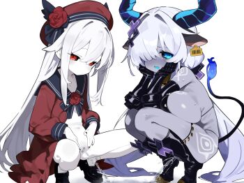 2girls albino animal_ears bar_censor black_boots black_gloves black_nails black_sclera blue_eyes blue_sailor_collar boots breast_press breasts censored character_request closed_mouth colored_sclera colored_skin dress elbow_gloves flower gloves goat_ears goat_tail grey_skin hair_flower hair_ornament hair_over_one_eye highres horizontal_pupils horns hymen knee_boots large_breasts leg_tattoo loli long_hair looking_at_viewer low_twintails matcha_(mattyan) monster_girl multiple_girls navel no_panties null-chan_(mattyan) open_clothes open_dress open_mouth oppai_loli original pee peeing peeing_together pussy red_eyes red_flower rose sailor_collar shoulder_tattoo simple_background slit_pupils spread_legs spread_pussy spreading_own_pussy squatting sweat tail tattoo thigh_strap twintails very_long_hair virgin white_background white_hair white_skin x_hair_ornament