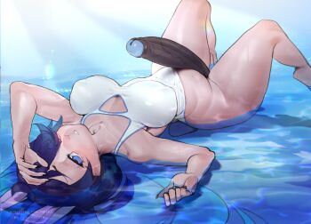 1girl animal_ears animal_nose artist_name bare_legs black_hair blue_eyes blue_hair breasts commentary commission covered_erect_nipples english_commentary futanari highres huge_penis large_breasts long_hair lying on_back one-piece_swimsuit original penis pita-potato rabbit_ears rabbit_girl smile solo swimsuit teeth water white_one-piece_swimsuit