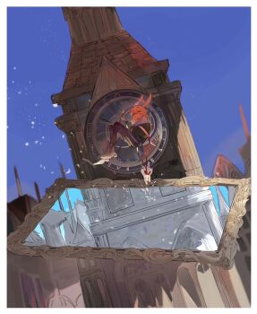 1girl animal_ears black_pants blue_sky border building clock clock_tower day full_body highres jacket off_shoulder original outdoors pants picture_frame pink_hair qyzhiaiyisheng rabbit rabbit_ears shoes short_hair sitting sky solo tower