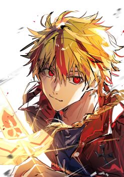 Rule 34 | 1boy, absurdres, blonde hair, blue shirt, braid, brown jacket, closed mouth, commentary, english commentary, excalibur (fate/strange fake), fate/strange fake, fate (series), floating hair, hair between eyes, hashtag-only commentary, highres, holding, holding sword, holding weapon, jacket, long sleeves, looking at viewer, male focus, multicolored hair, official alternate costume, open clothes, open jacket, red eyes, red hair, richard i (fate), richard i (second ascension) (fate), shirt, simple background, solo, streaked hair, sword, two-tone hair, weapon, white background, yakksan