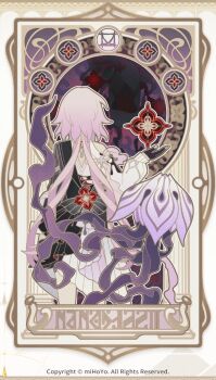 1girl black_dress black_gloves dress evernight_(honkai:_star_rail) from_behind gloves half-dress hand_up honkai:_star_rail honkai_(series) long_hair long_sleeves march_7th_(honkai:_star_rail) official_alternate_costume official_alternate_hair_length official_alternate_hairstyle official_art pink_hair single_bare_shoulder solo very_long_hair